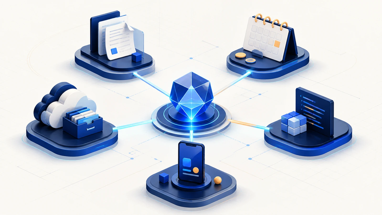 AI 프리즘과 문서·일정·클라우드 사용 맥락을 연결한 AI Briefly 개념 일러스트, 실제 Gemini Windows 앱 화면 아님