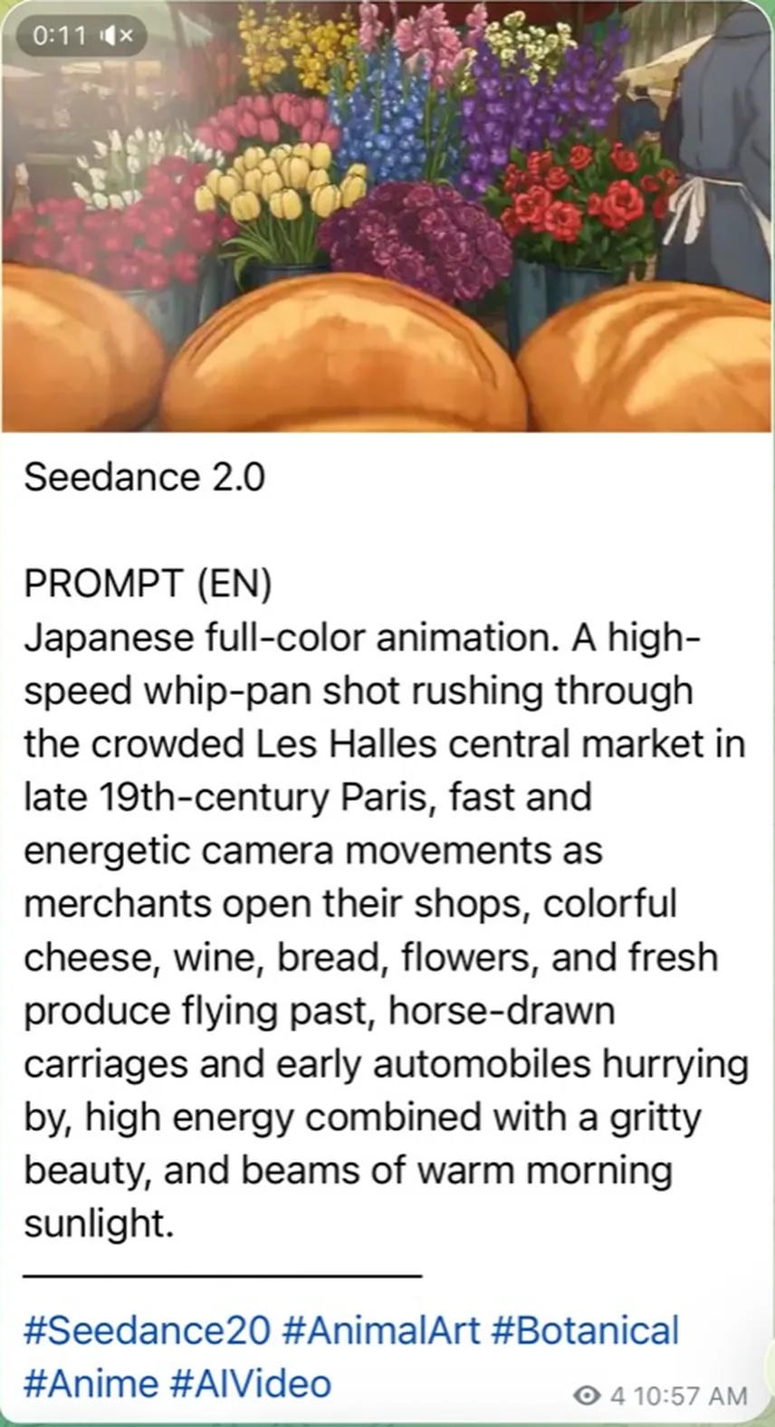 빵과 꽃이 가득한 19세기 말 파리 시장 Seedance 2.0 프롬프트 캡처